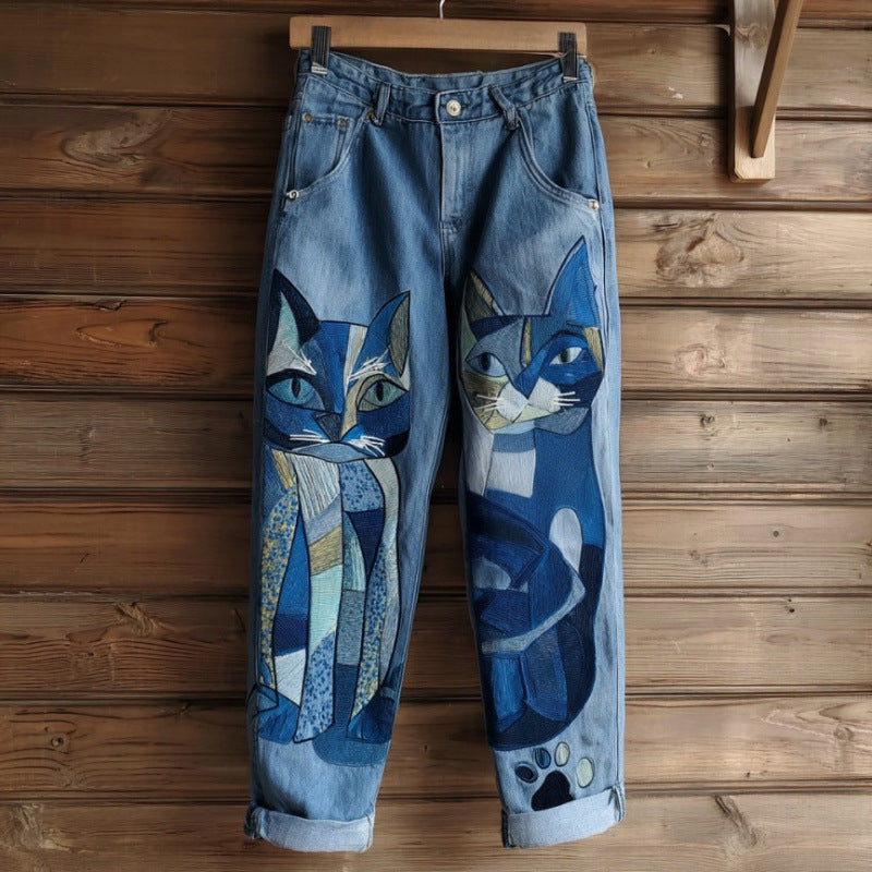 New 3D Heat-transfer Printed Flared Jeans-style Trousers In Faux Denim