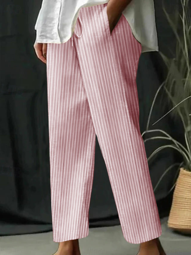 Casual Homewear Pants New Striped Solid Color Cotton And Linen Loose Trousers