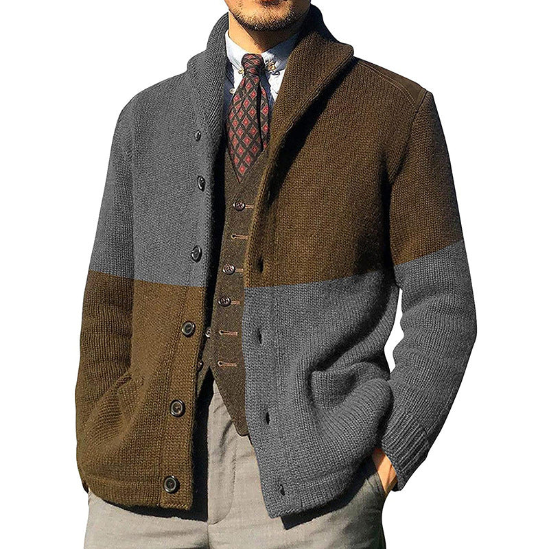 Men's Color-blocking Button Long-sleeved Knitted Jacket