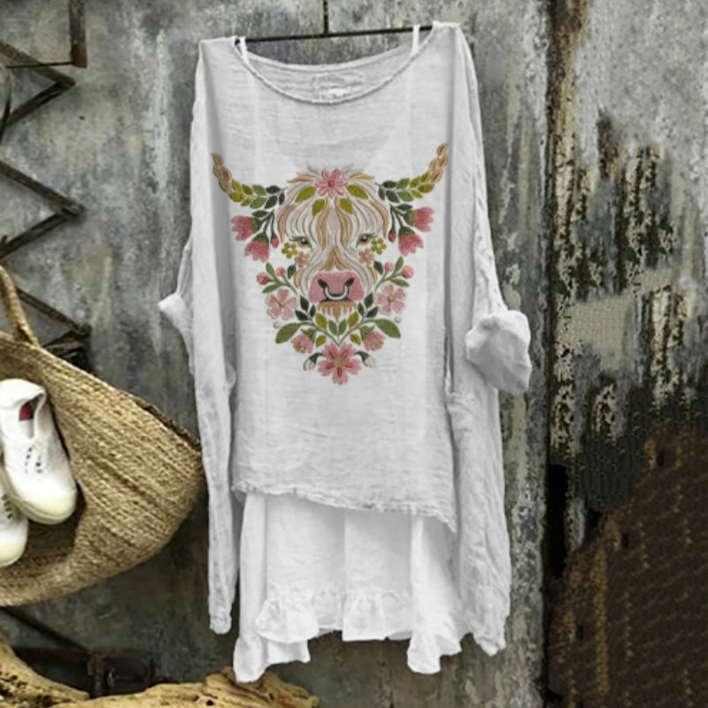 Women's Highland Cow Print Crew Neck Linen Blend T-shirt
