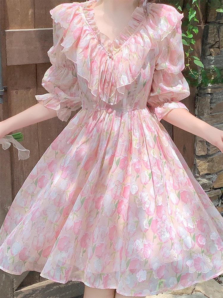 Fragmented Flowers Long Sleeve Dress Women's Spring