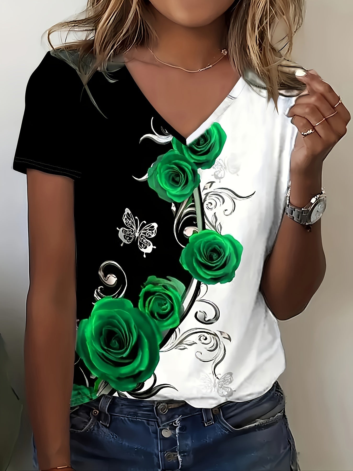 Elegant V-neck Rose Butterfly Printed Short Sleeved T-shirt