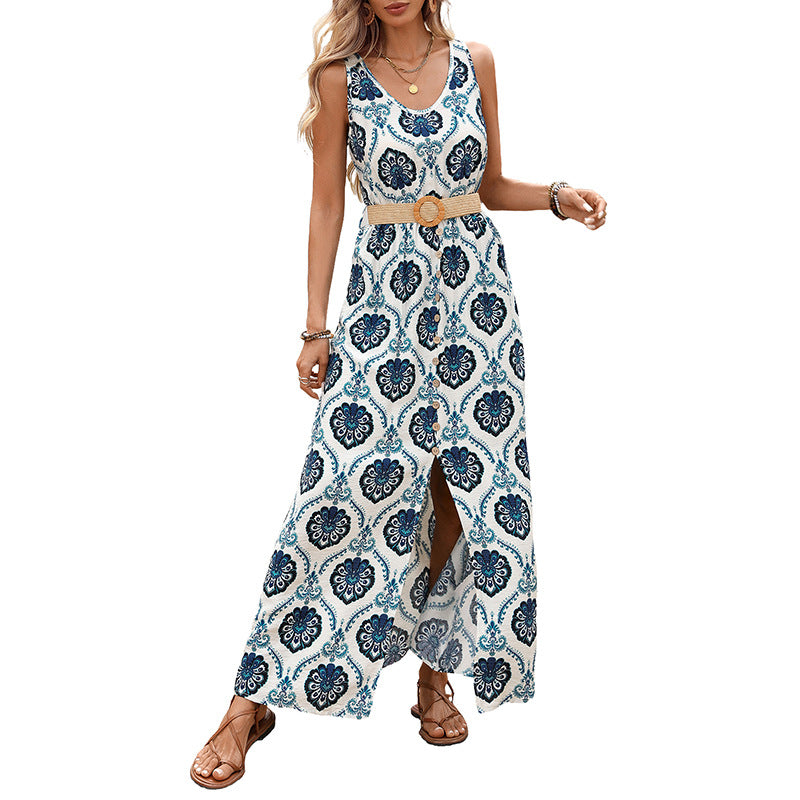 Womens Printed V-Neck Sleeveless Split Dress
