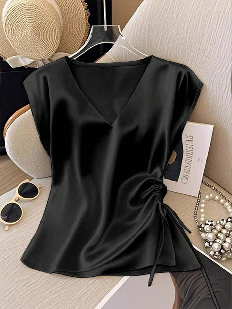 Womens Solid-Color Casual Satin V-Neck Top With Drawstring Hem