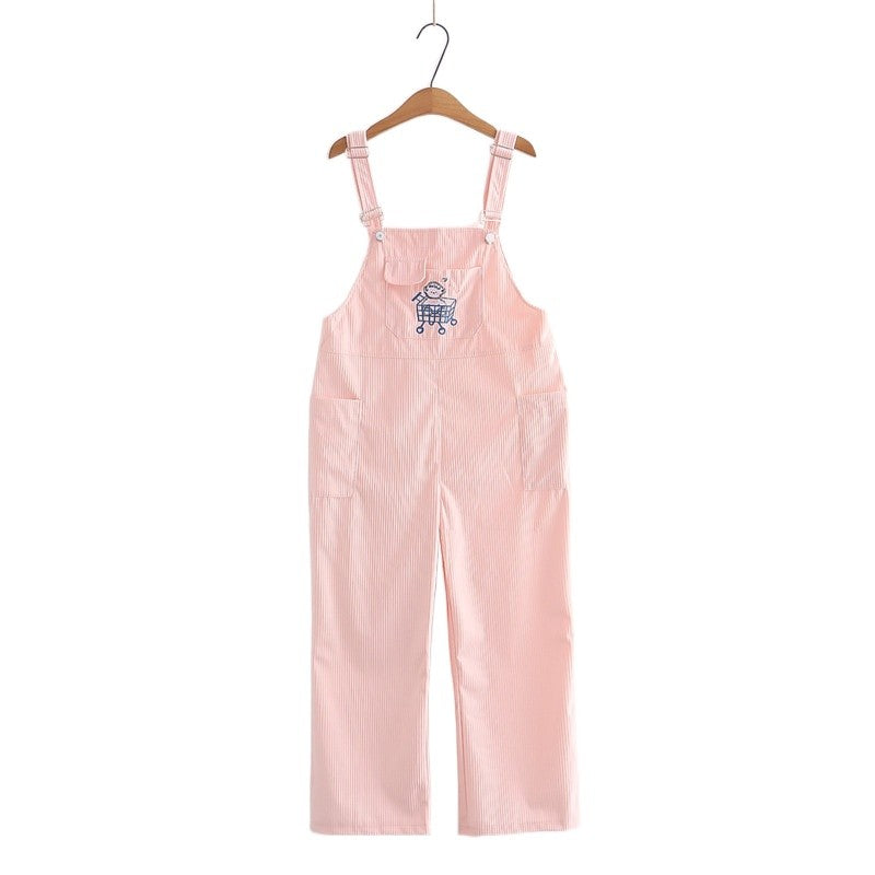 Korean Student Girl Corduroy Overalls Shopping Cart Embroidery Straight Leg Casual Trousers Women