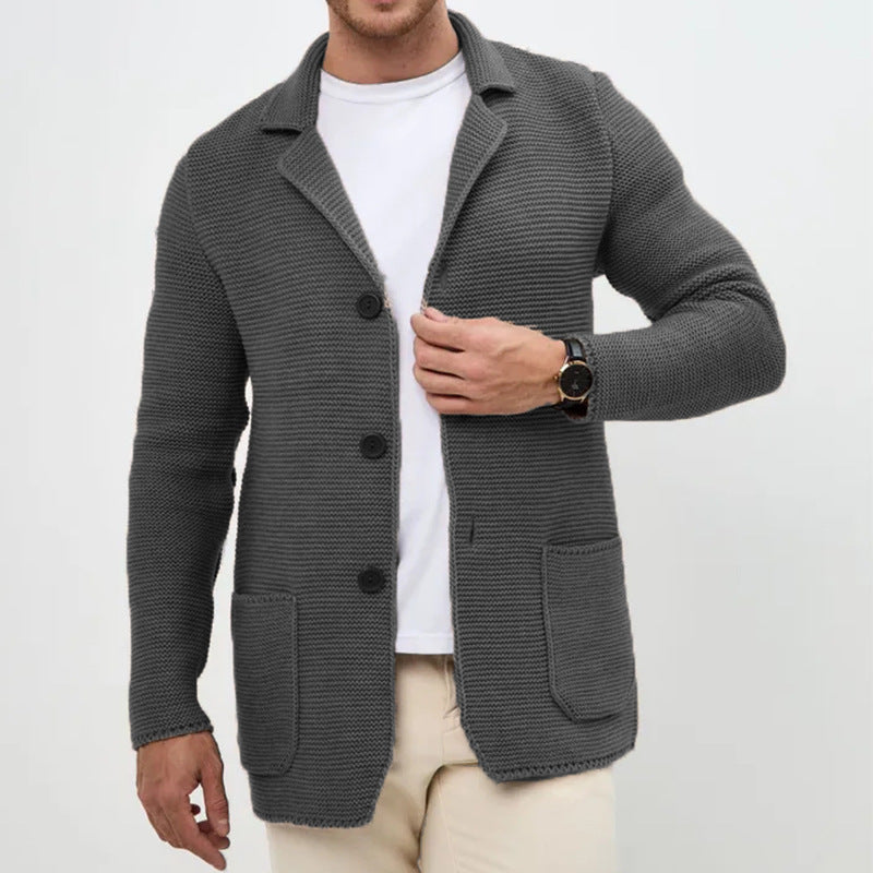 Ny Sweater Cardigan Herre Revers Strikket Jakkesæt Jakke