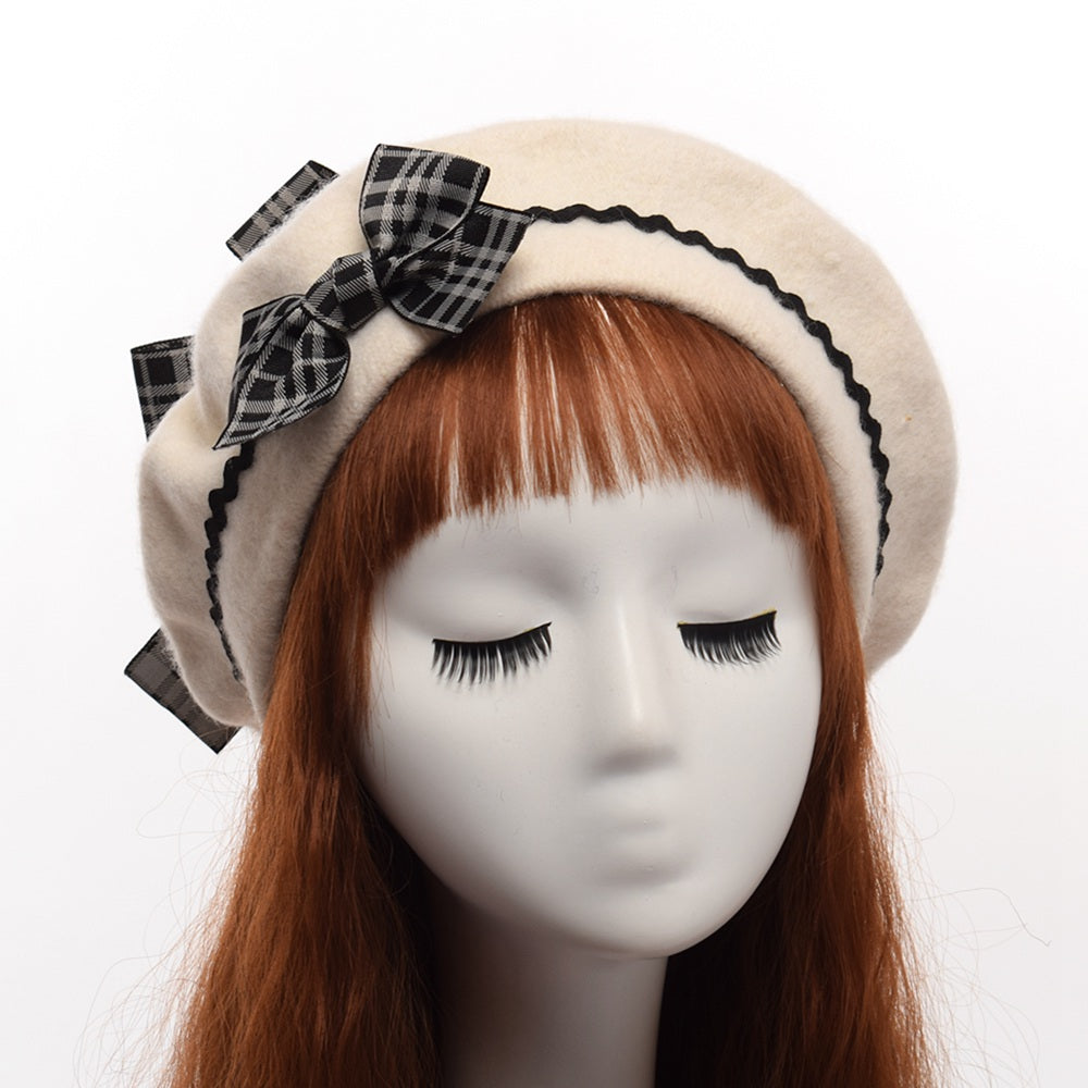 Fashion Japanese JK Lolita Wavy Bow Furball Beret