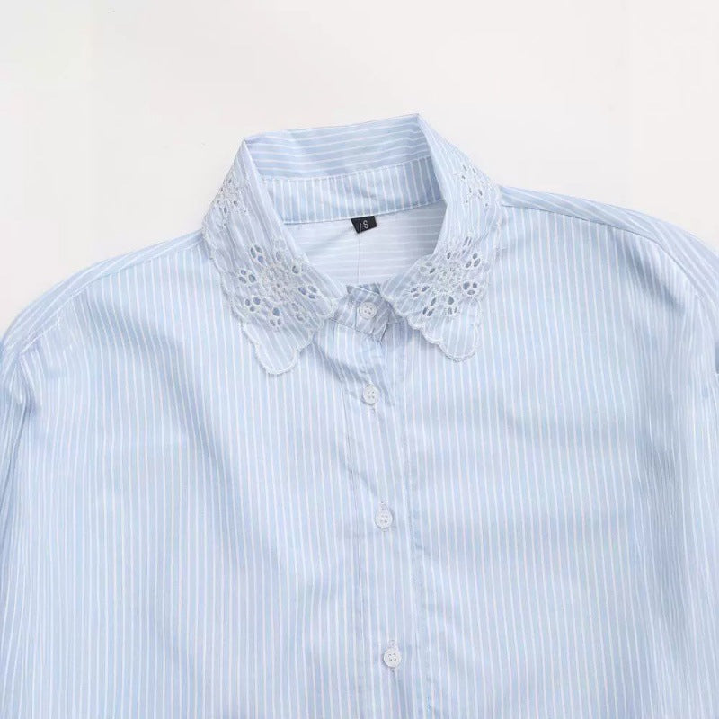 European And American Style Fashion All-match Hollow Embroidered Stripes Short Shirt