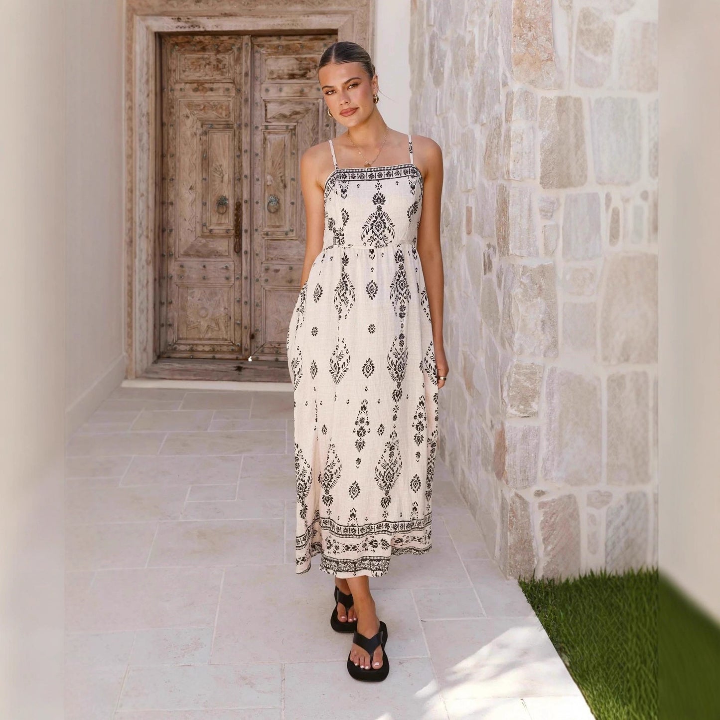 Fashionable Printed Casual Linen Sundress Skirt