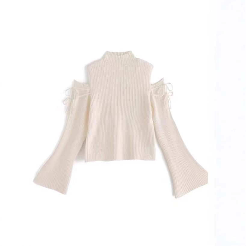 Lace-up Turtleneck Off-the-shoulder Tie-neck Flared Sleeves Sweater