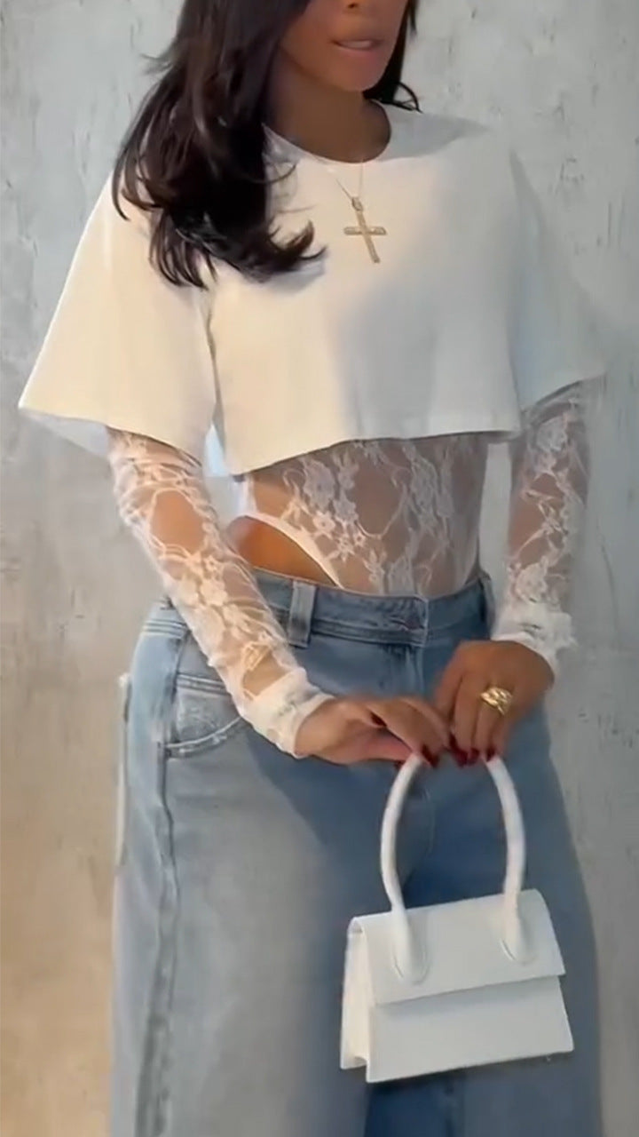 Round-neck Long-sleeve Irregular Top Lace Jumpsuit Two-piece Set