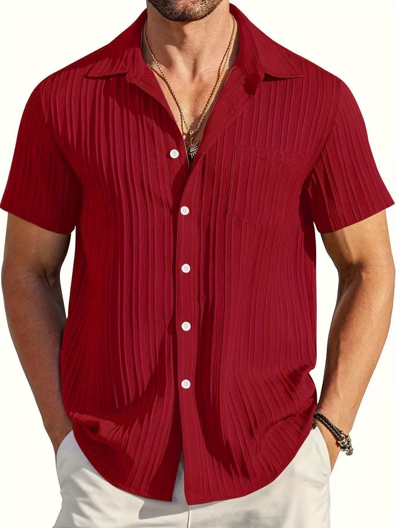 Polo Collar Solid Color Short Sleeve Button Shirt Men's Shirt