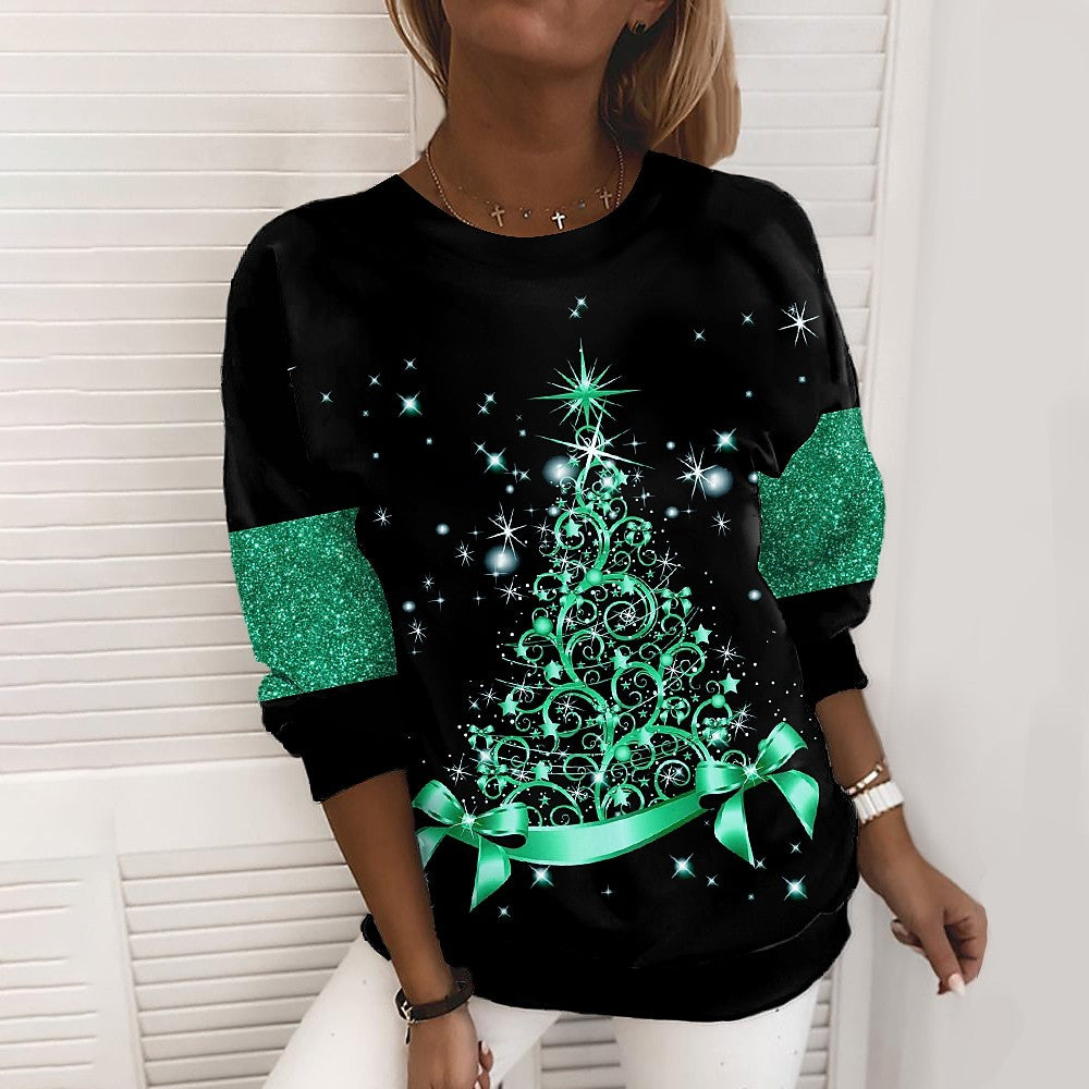 Julesweater til kvinder med 3D digitalprint, pulloverjakke, fashion casual sweatshirt, langærmet printet rundhalset skjortetop
