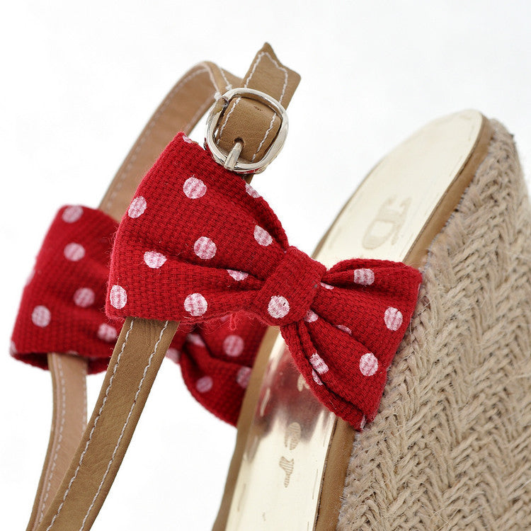 Sweet And Cute Polka-dot Open-toed Platform Hemp Wedging Wedge Sandals