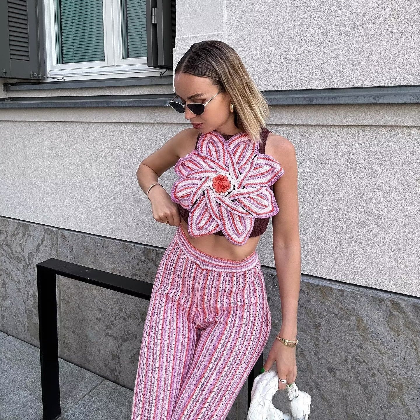 Flower Decorative Knitted Short Top Hollow-out Suit
