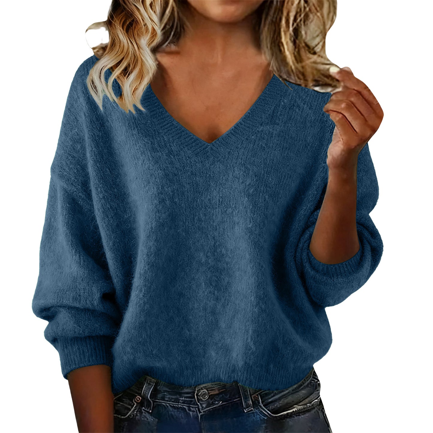 New Fashion Loose Solid Color V-neck Sweater Women