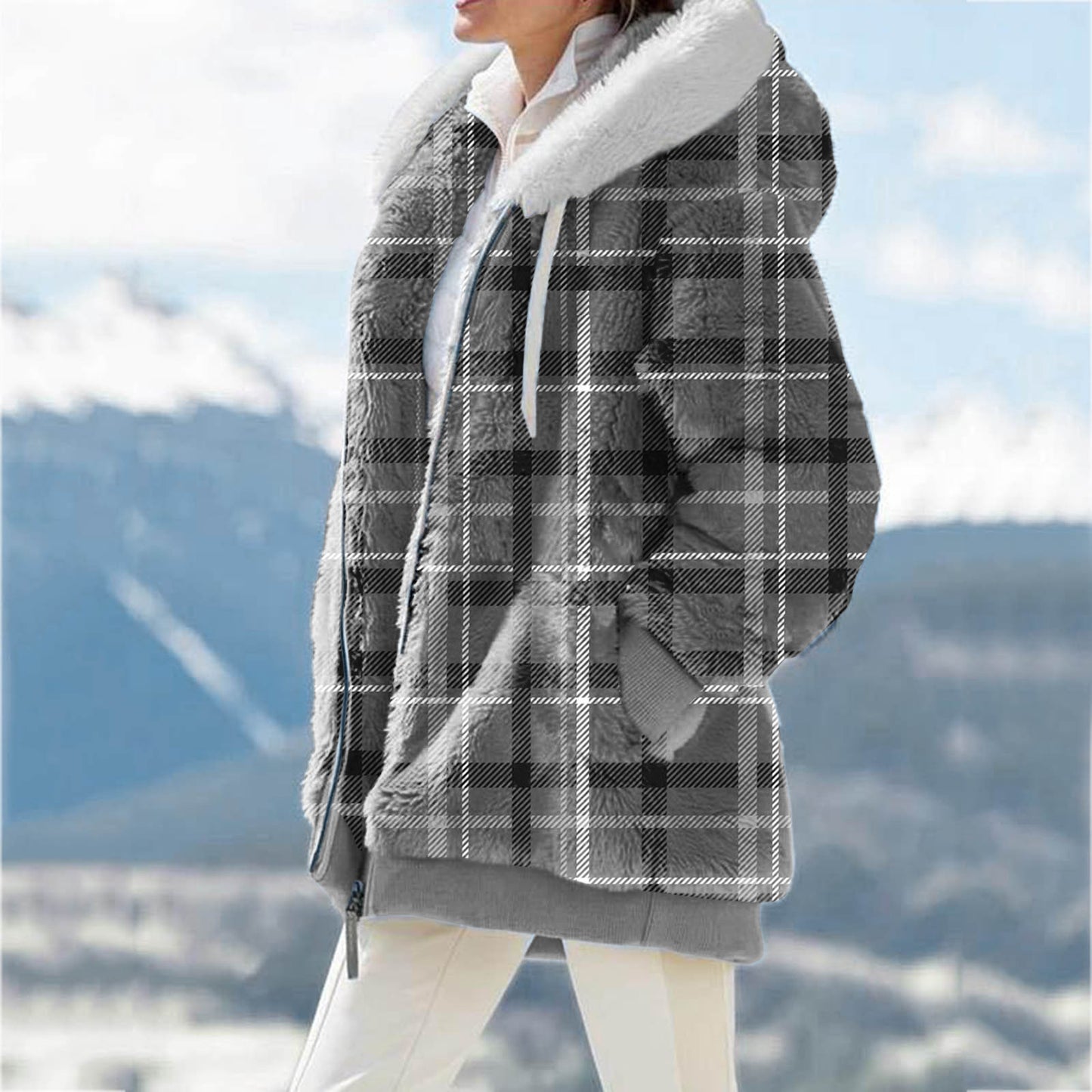Plush Printed And Dyed Zipper Hooded Coat For Women