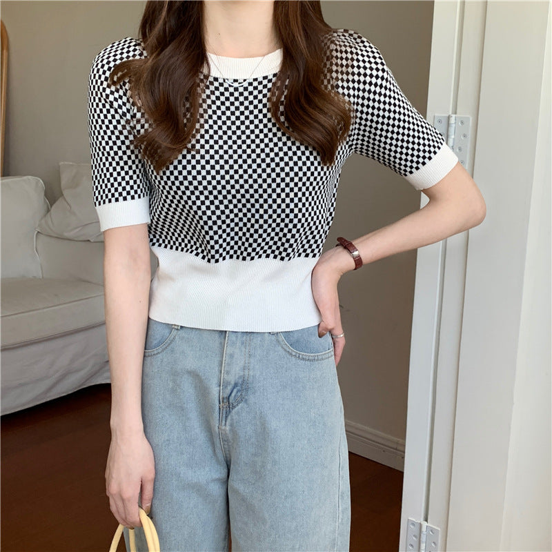 Womens Retro Plaid Color-Block Short-Sleeve Top