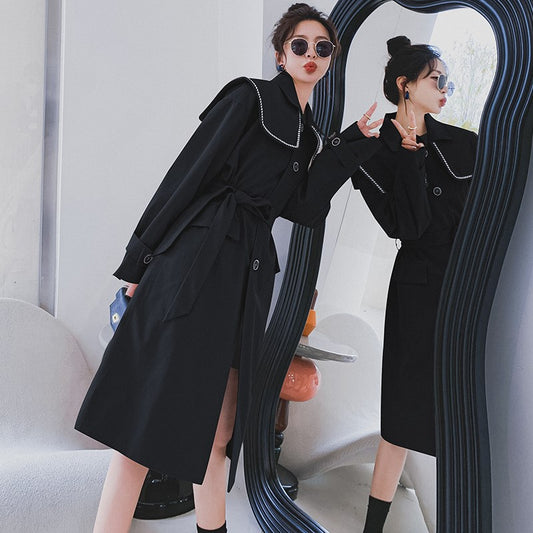 Black Navy Collar Trench Women's Mid-length Spring This Year's Popular High-end Chic Coat