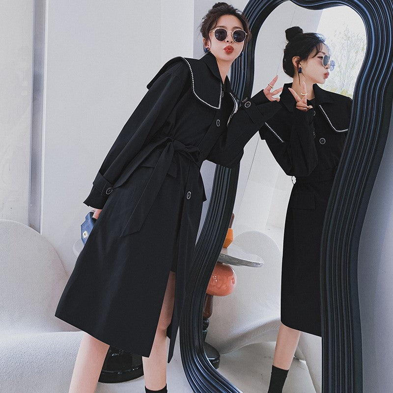 Black Navy Collar Trench Women's Mid-length Spring This Year's Popular High-end Chic Coat