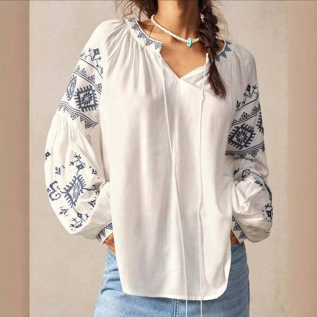 Vintage Blue-and-white Porcelain Print V-neck Long-sleeve Top