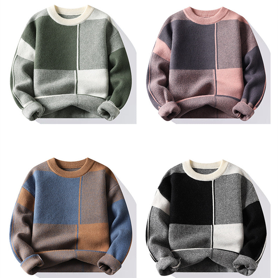 New Round Neck Thickened Sweater Men's Knitting Geometric Long Sleeve