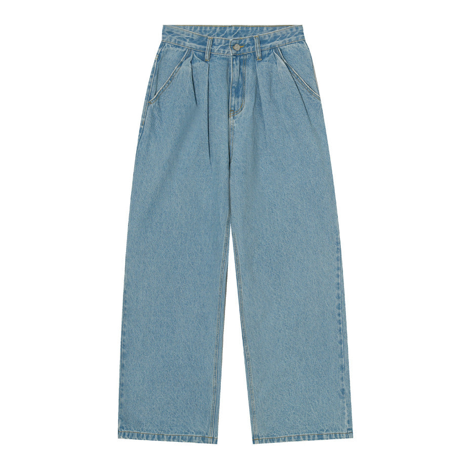 Mid-waist Wide Leg Straight Solid Color Jeans For Men