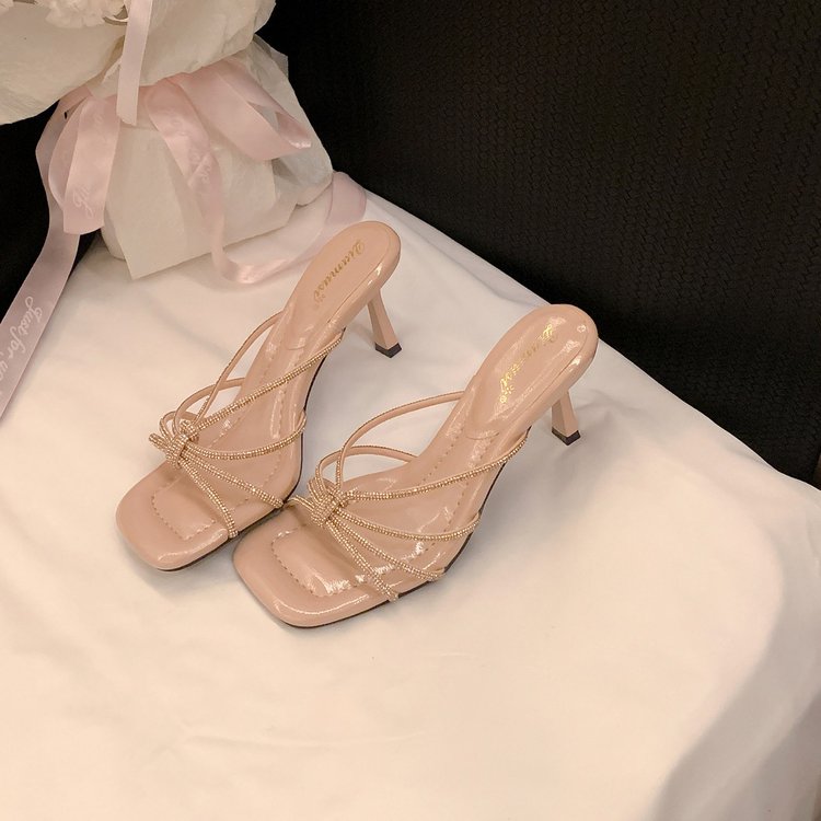 Summer New Arrival European And American Style Open Toe Square Toe Multi-Row Rhinestone Stiletto Women's High Heel Sandals