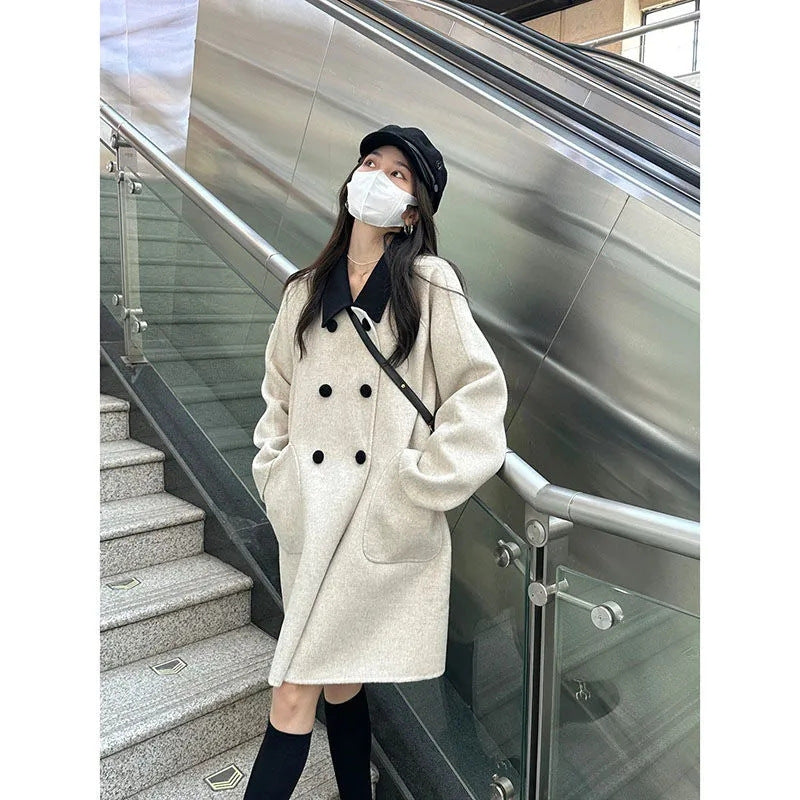 Contrast Color Lapels Dignified Sense Of Design Coat Woolen Mid-length