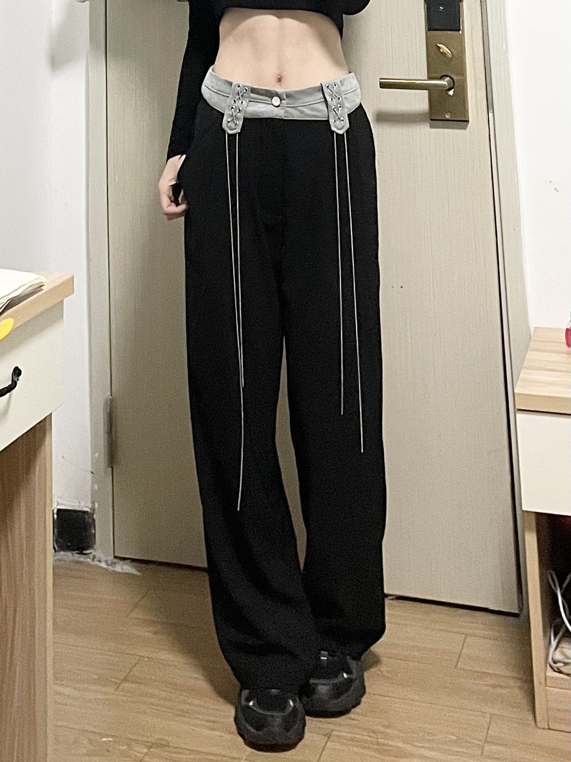 Retro Splicing Clash Color High Waist Wide Leg Straight Pants Women