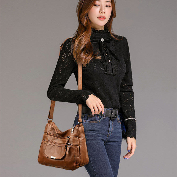 Versatile Washed Soft Leather One-Shoulder Crossbody Bag