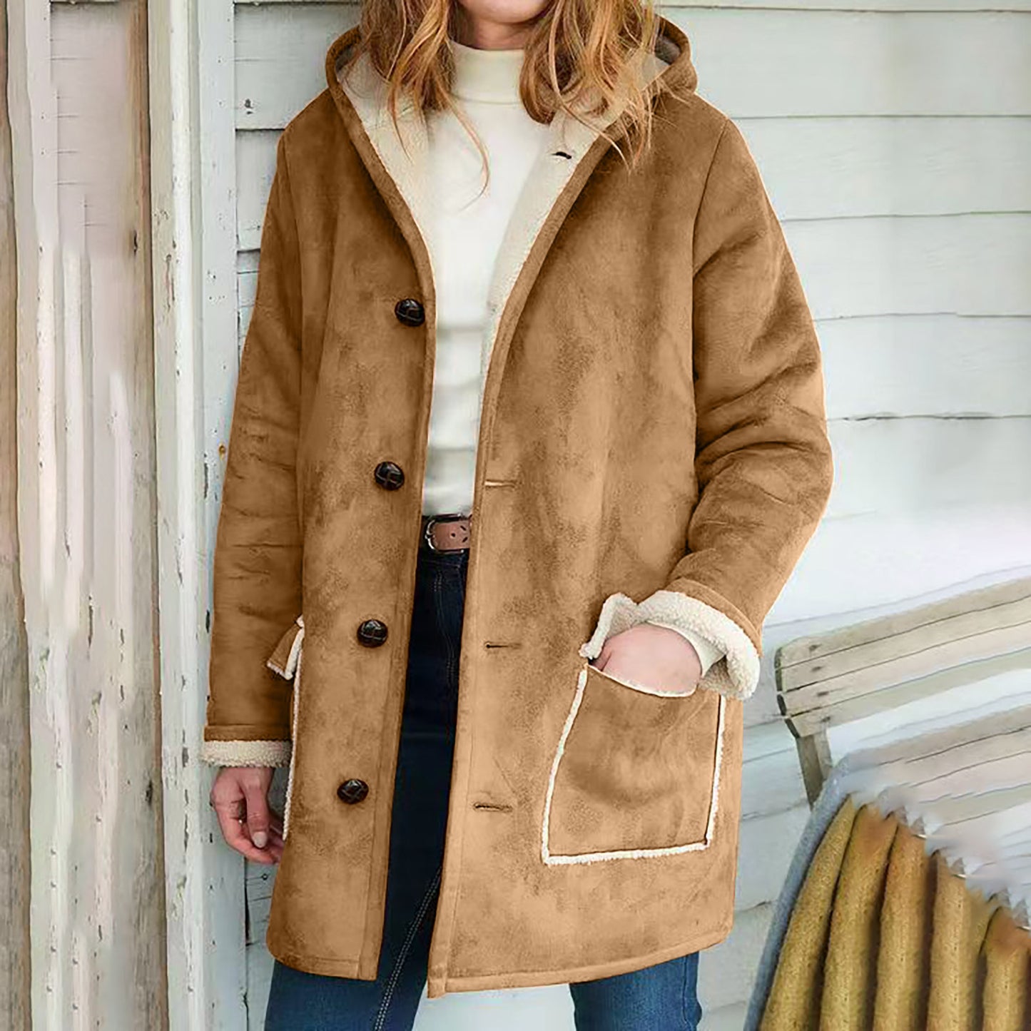 Ensfarvet retro ruskindsfrakke med hætte til efterår og vinter – Løs damebluse med lange ærmer og lommer