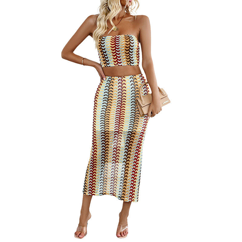 Womens Two-Piece Set Color-Striped Tube Top And Skirt Combo