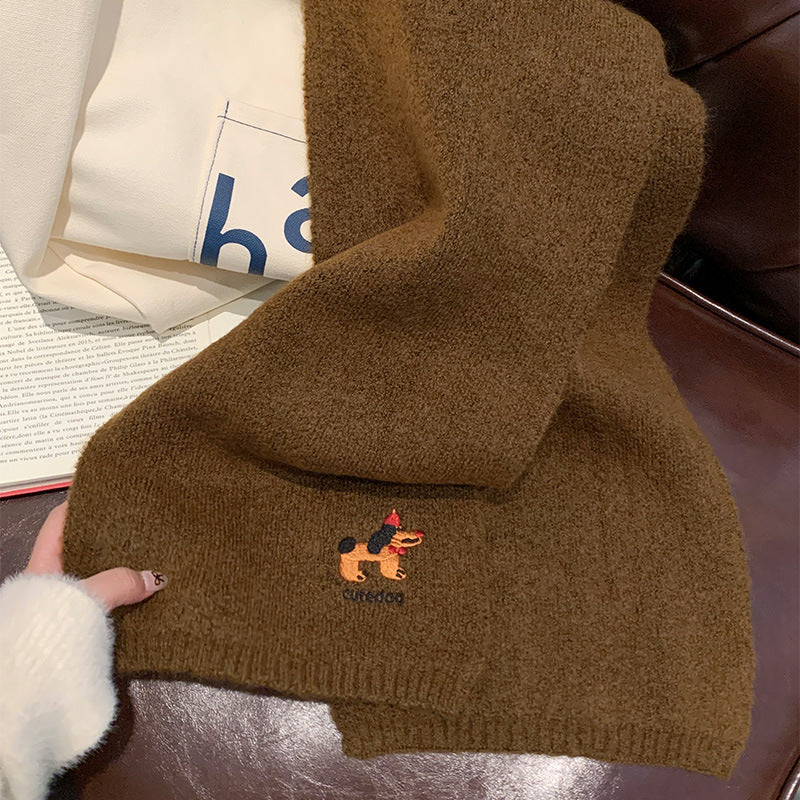 Autumn And Winter Fashionable Warm Cartoon Cute Embroidered Puppy Scarf For Women