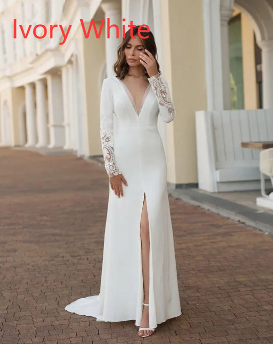 Deep V-neck High-slit Form-fitting Long-sleeve Wedding Gown