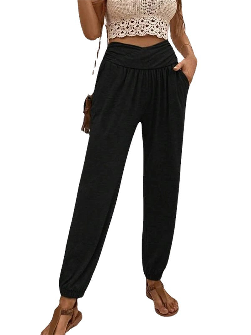 Casual Loose Pocket High Waist Ankle-tied Trousers For Women