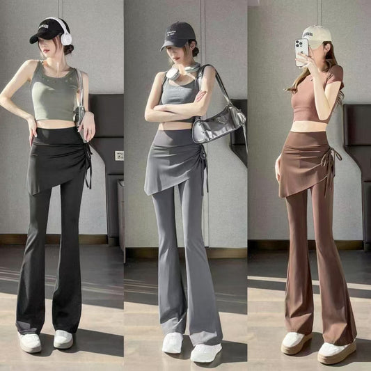 Womens Solid-Color Mock Two-Piece Cropped Flare Pants With Drawstring