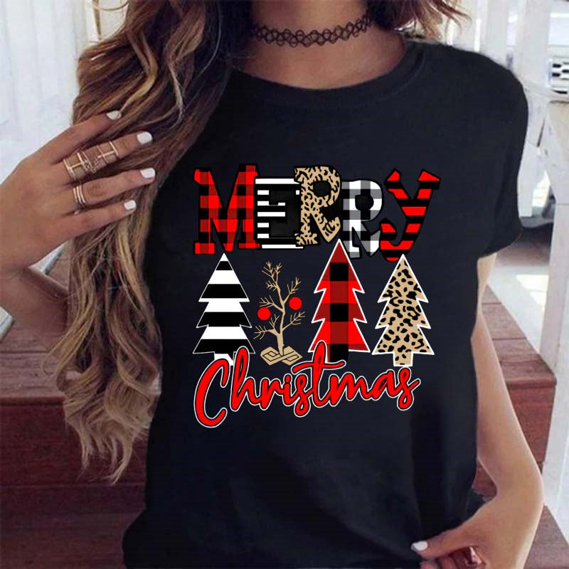 Christmas Red Plaid Leopard Short Sleeves