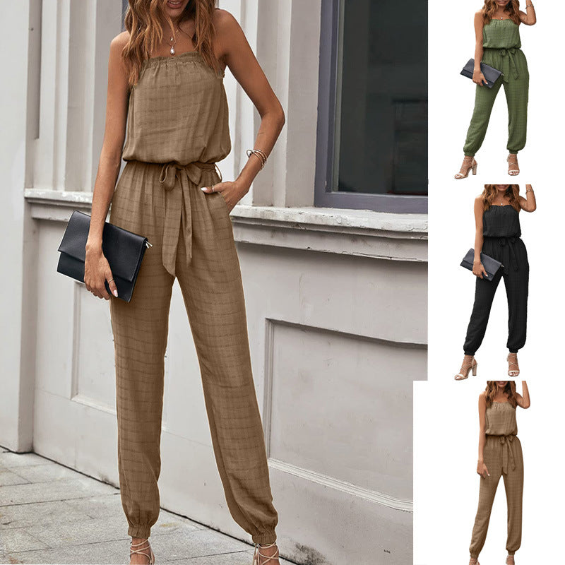 Women's Tie-Belt Elastic Waistband Strapless Bodysuit