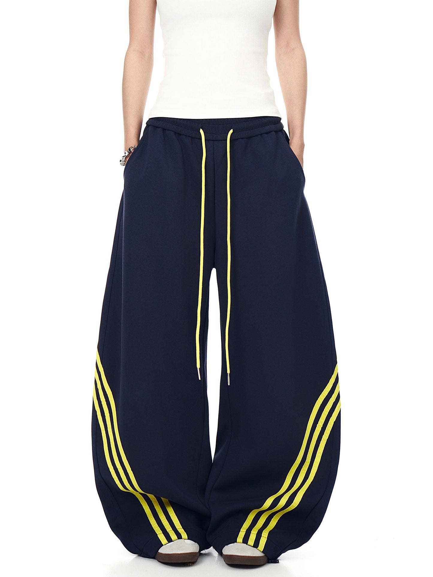 Womens American-Style Retro Striped Color-Block Patchwork Cropped Sweatpants