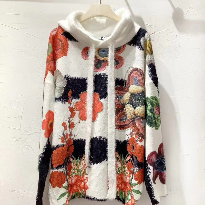 Goods Exquisite Rhinestone Rich Flower Hooded Sweater