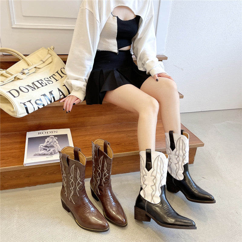 Pointed Toe Thick Heel Mid-tube Colorblock Martin Boots