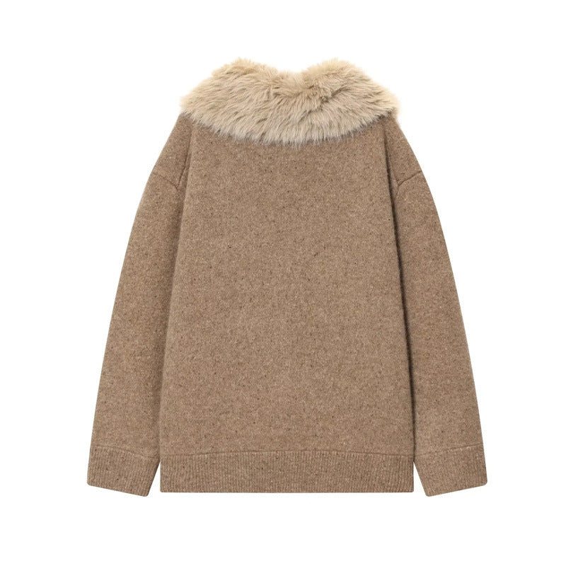 Lazy Style Faux Fur Collar Jacket Knit Sweater Coat