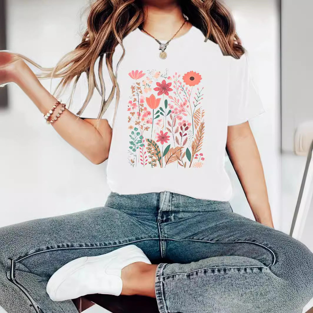 European And American Summer Women's Plant Flower Graphic Print Crew Neck Short Sleeve