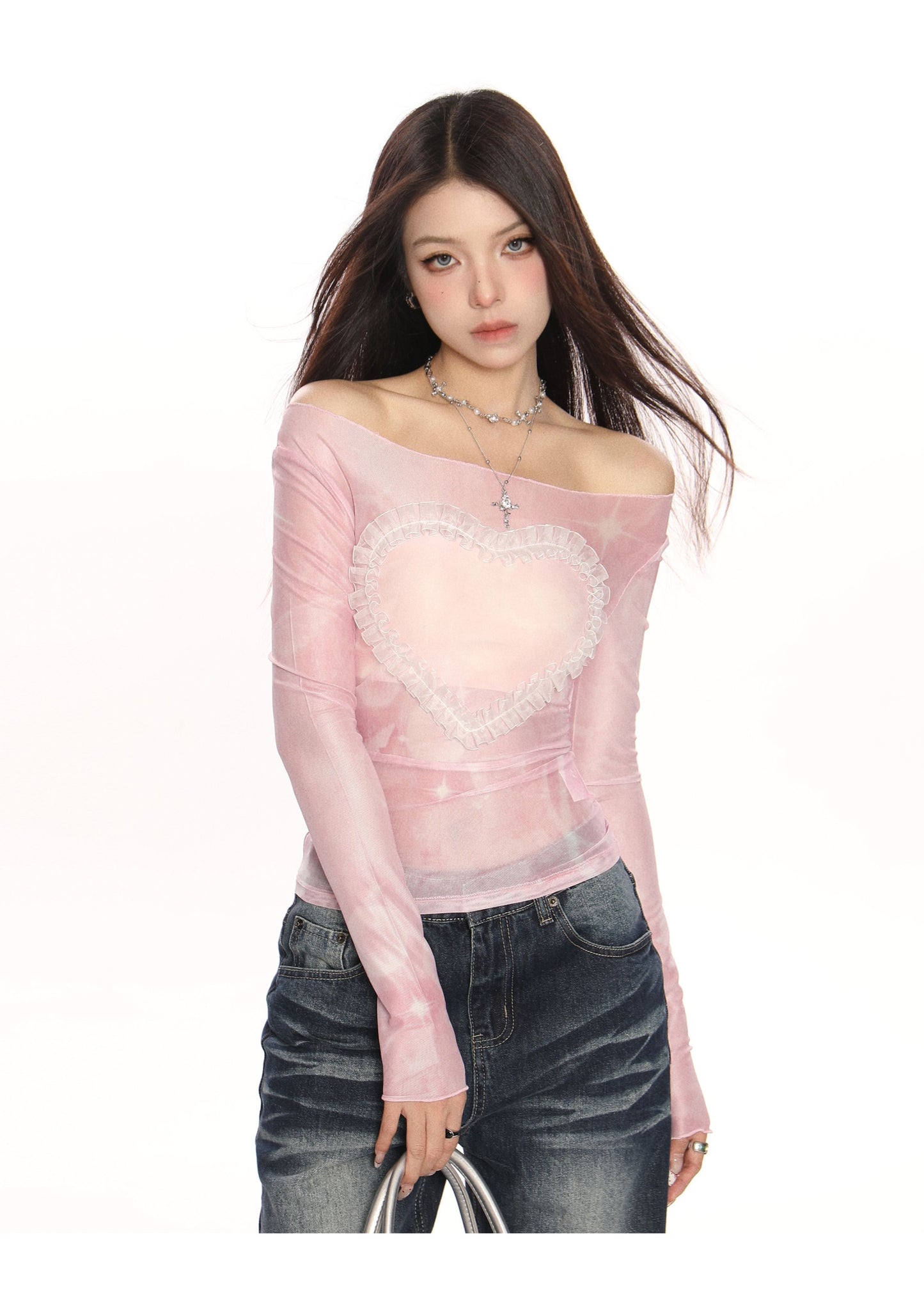 Tie-Dye Træ Øre Kærlighed Off-shoulder Mesh Langærmet T-shirt