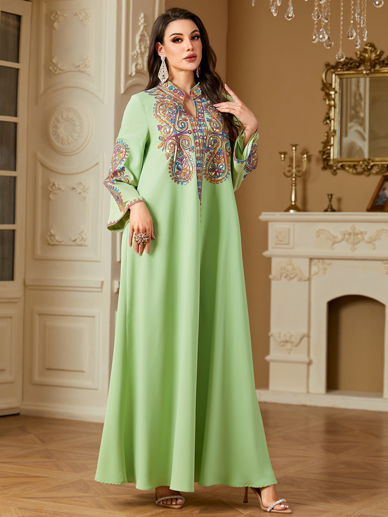 Elegant Beaded Embroidery Dress For Muslim Women In A Long Robe Style