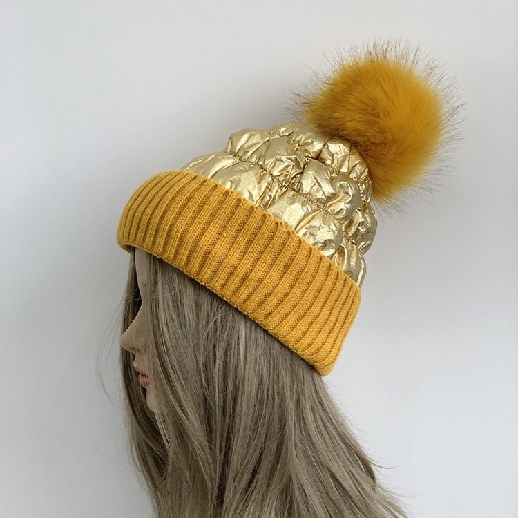 Women's Down Shiny Knit Hat With Fur Ball
