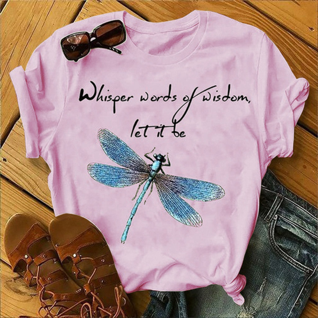 Ladies Alphabet Dragonfly Print T-Shirt Top