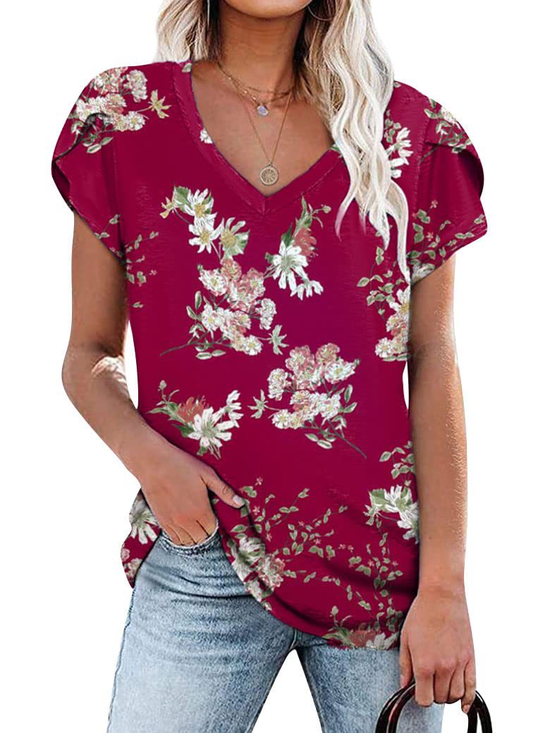 Tie Dyed Floral V-neck Loose Women's T-shirt