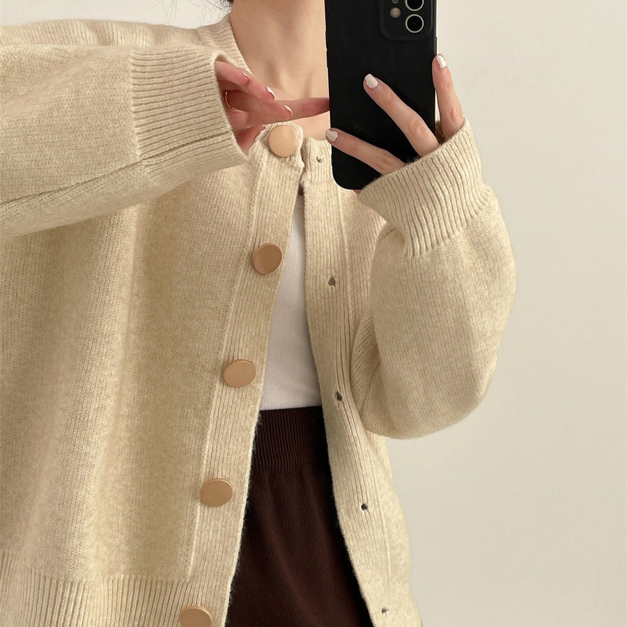 Round Neck Solid Color Loose Knitted Cardigan Women's Autumn And Winter